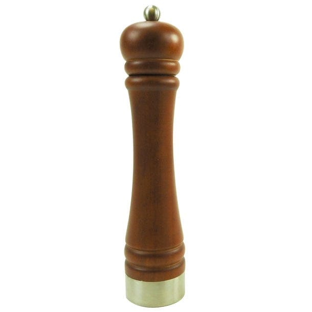 Braune Pfeffermühle aus dunklem Holz und goldenen Details
