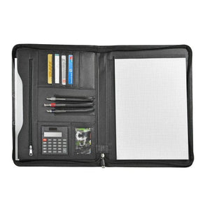 Schwarze, geöffnete Lederschreibmappe mit Notizblock, Taschenrechner, Kartenfach und Papierfach