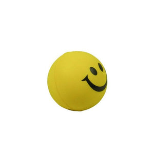 Gelber Antistressball mit schwarzem Smiley Gesicht drauf von der Seite