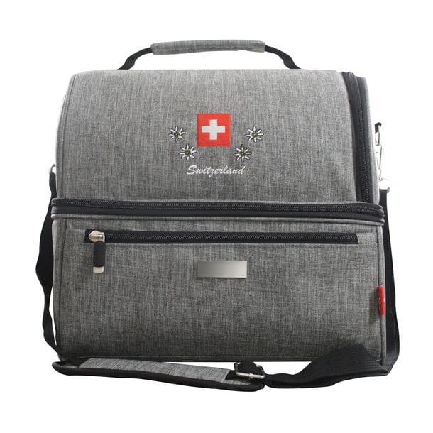 Graue Stoffkühltasche mit Reissverschluss, Schultergurt und Schweizerwappen Design