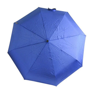 Blauer Regenschirm mit schwarzem Griff und silbernen Stange von oben