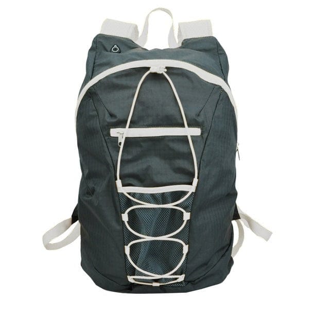 Dunkelgrüner Rucksack mit weißen Schultergurten und elastischer Schnürung auf der Vorderseite, inklusive Reißverschlussfach und Netz-Außentasche