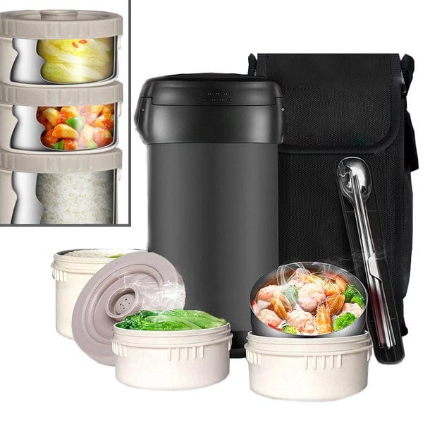 Schwarze Lunchbox mit schwarzem Tragebeutel, Besteckset, drei Vorratsdosen und Beispielen