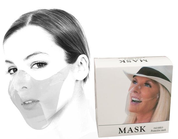 Transparente, wieder verwendbare Gesichtsmaske an einem Kopf seitlich
