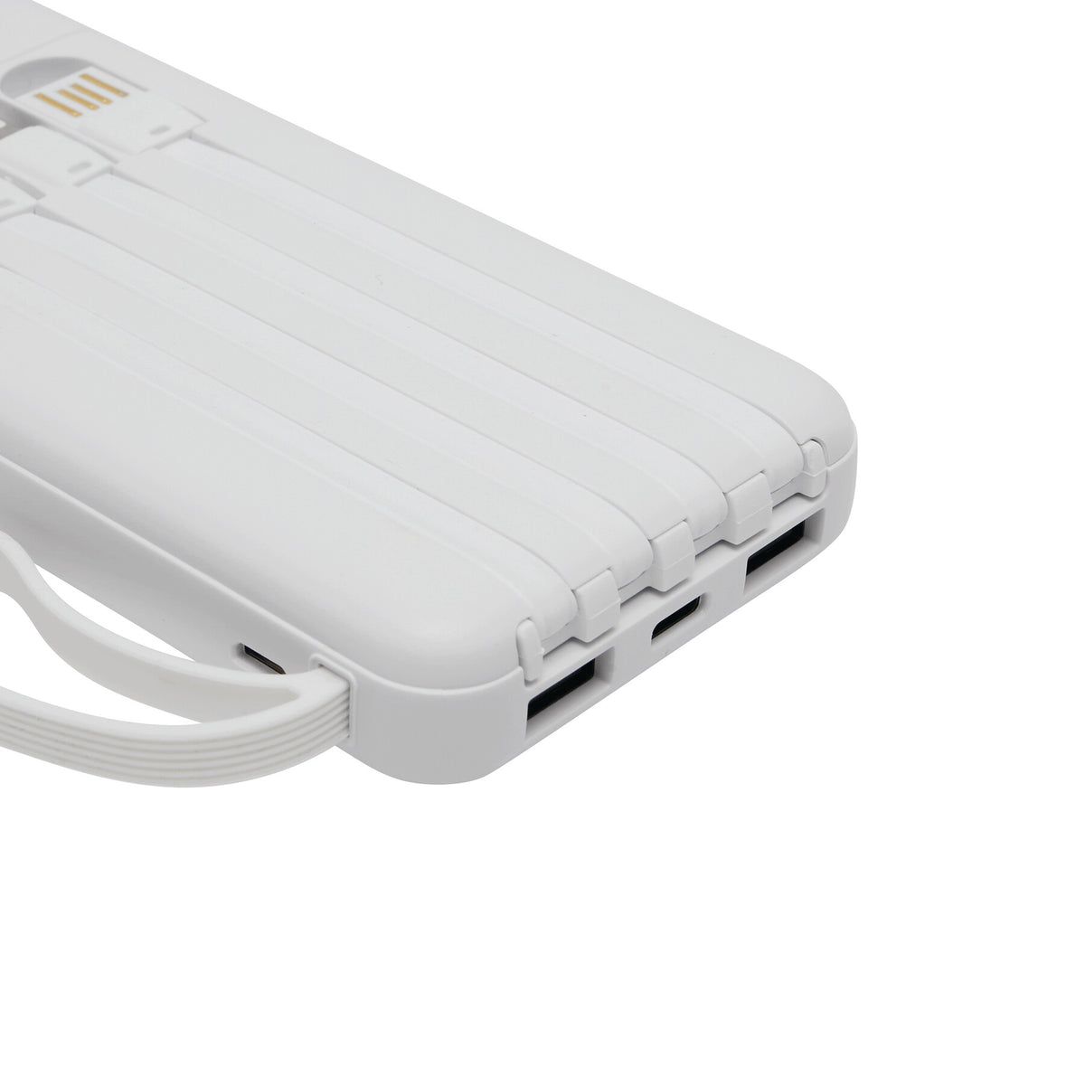 Powerbank Multi Charge – 10000 mAh, 4 integrierte Kabel, 3 Ausgänge, Smartphone-Halter
