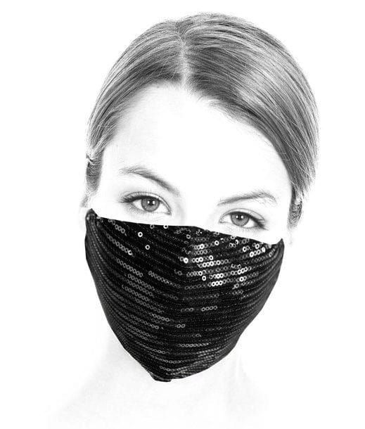 Schwarze glitzernde Gesichtsmaske von vorne an einem Kopf