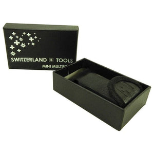 Schwarze Kartonverpackung der Werkzeuge mit "Switzerland-Tools" Aufschrift und Design