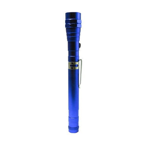 Blaue, glänzende, ausfahrbare Taschenlampe mit silbernem Clip