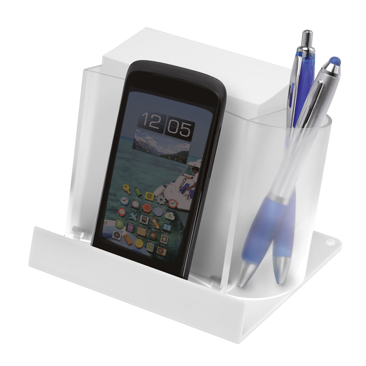 Support pour smartphone/tablette avec bloc-notes et pot à crayons
