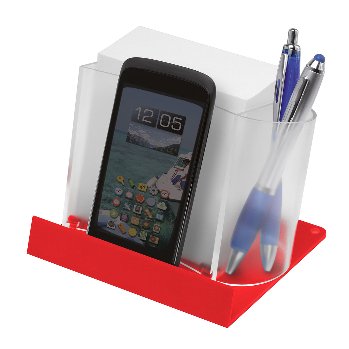 Support pour smartphone/tablette avec bloc-notes et pot à crayons
