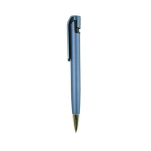 Moderner, blauer Kugelschreiber mit silbernen Details von der Seite