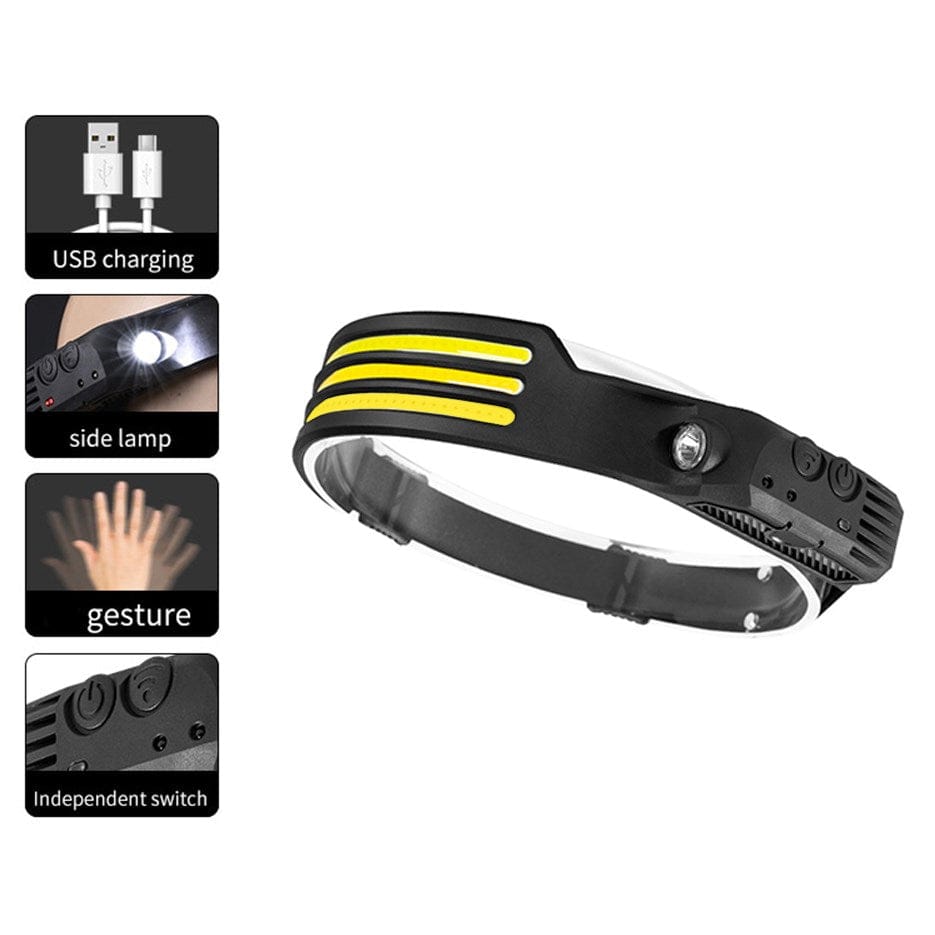 Schwarze, verstellbare Stirnlampe mit Seitenlicht und USB-Kabel
