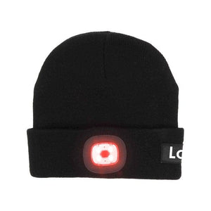Schwarze Strickmütze mit einem LED Licht an der Rückseite