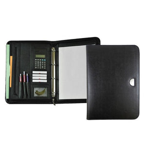 Schwarze Lederschreibmappe mit Fächern für Notizblock, Papier, Stifte und Taschenrechner