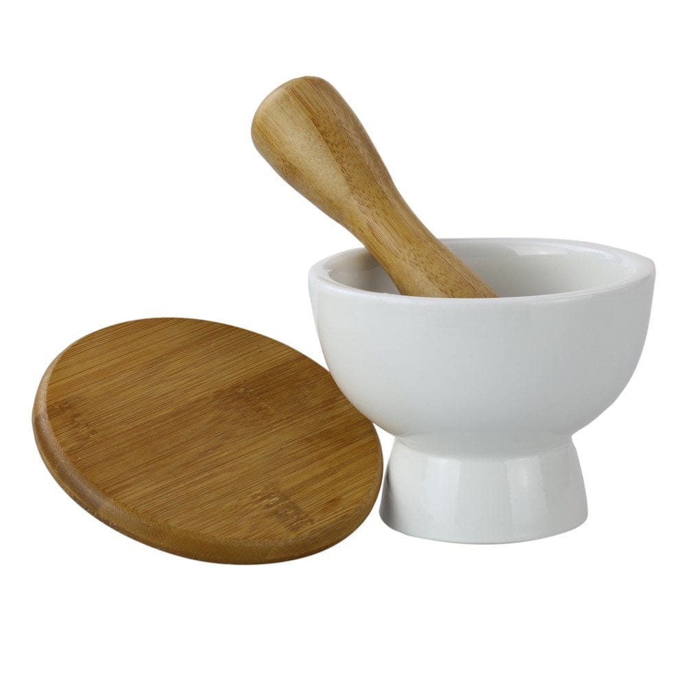 Weisser Gewürz Mörser mit Holz Mörser und Holz Deckel