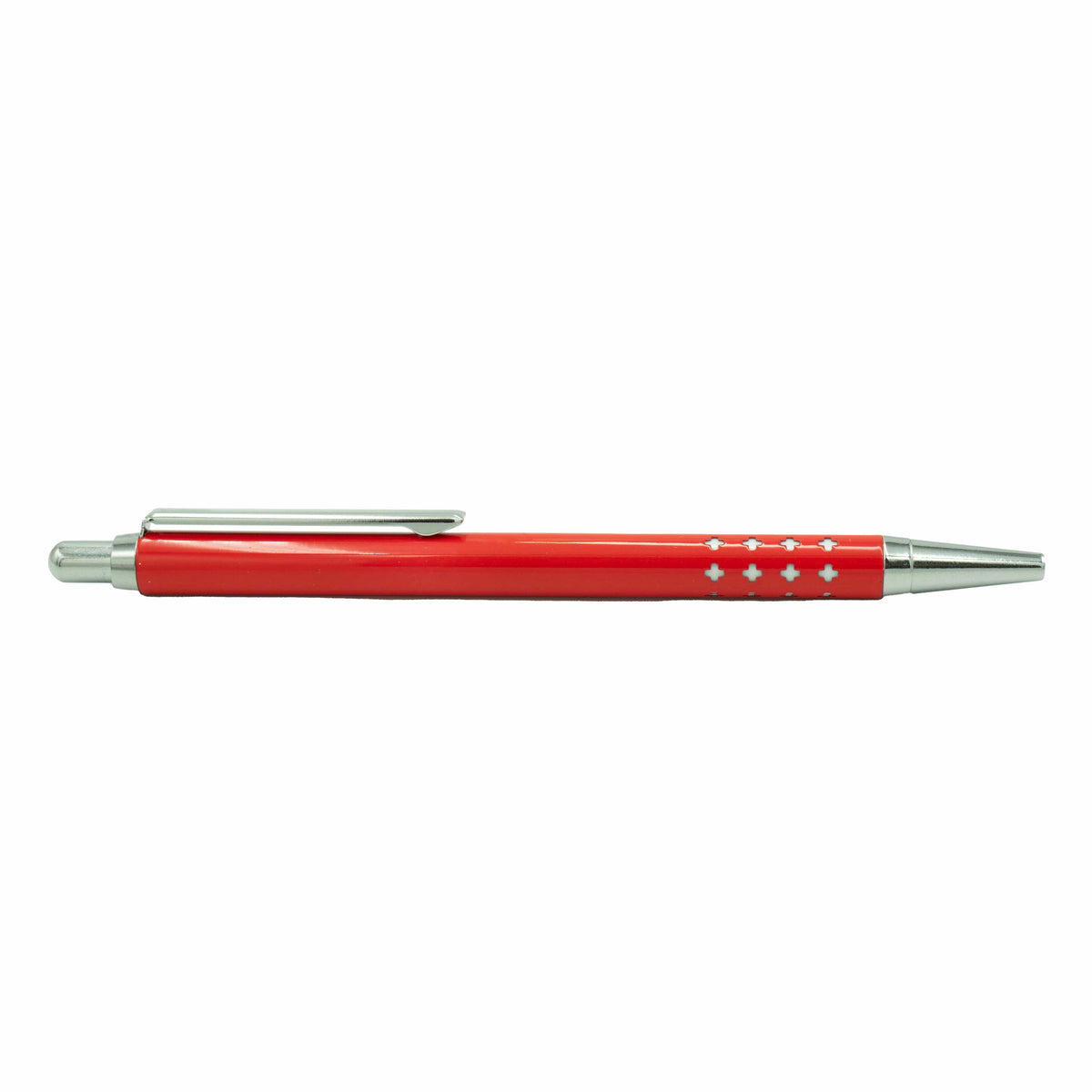 Roter Kugelschreiber mit silbernen Details und Schweizerwappenmuster von der Seite