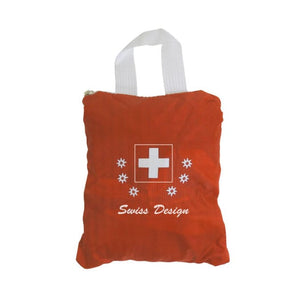 Rote Tragtasche mit weissem Reisverschluss und Schweizerwappen Design