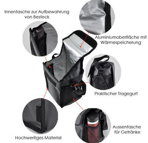 Schwarze Tragtasche mit silbernem Innenstoff und Produktdetails