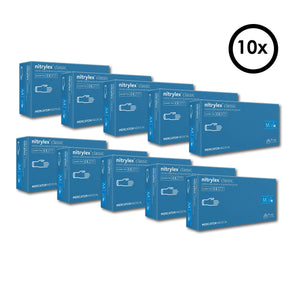 10er-Box von Nitrilhandschuhen in blauen Kartonverpackungen Grösse M
