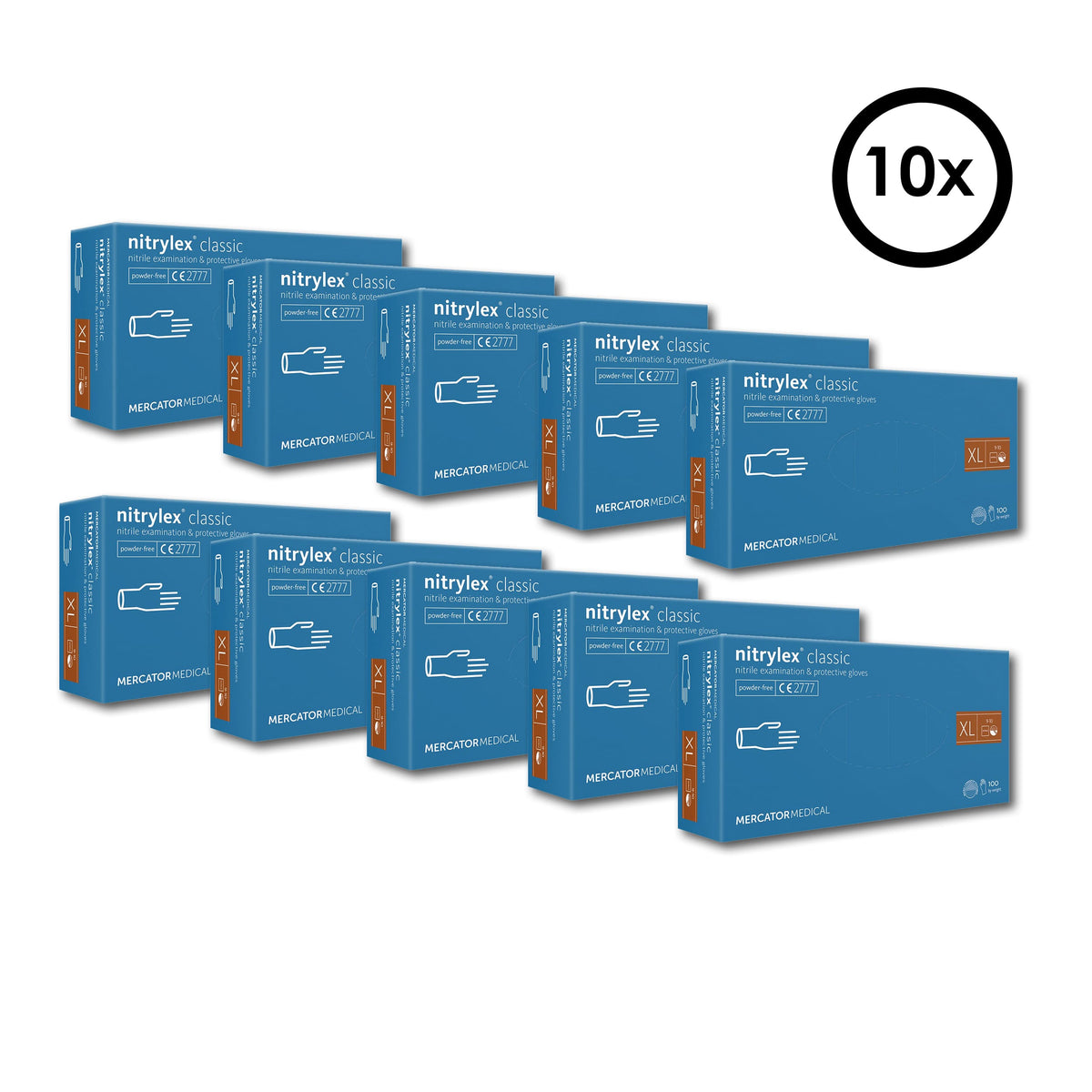 10er-Box von Nitrilhandschuhen in blauen Kartonverpackungen Grösse XL