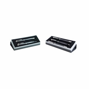Zweier und Dreier-Set von schwarzen Stiften mit silbernen Details inklusive grauer Aufstellbox