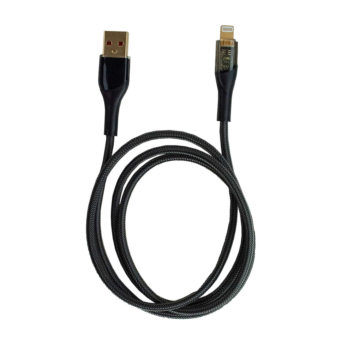 Schwarzes Kabel mit USB-A und Lightning Anschlüssen