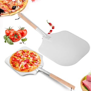 Weisse Pizzaschaufel mit hölzernem Griff und Anwendungsbeispiel