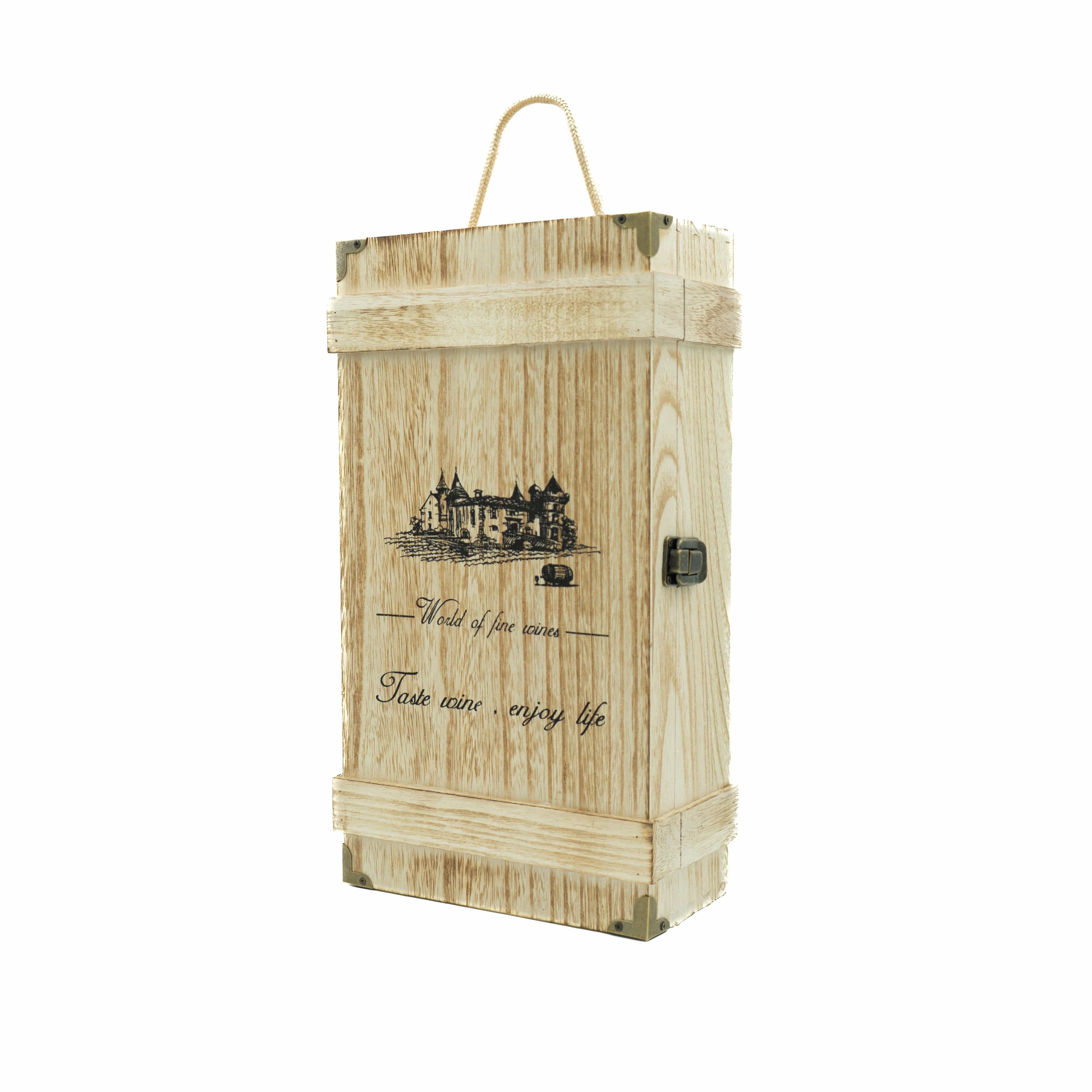 Holzkiste für Wein mit schwarzer Aufschrift und Burgabbildung