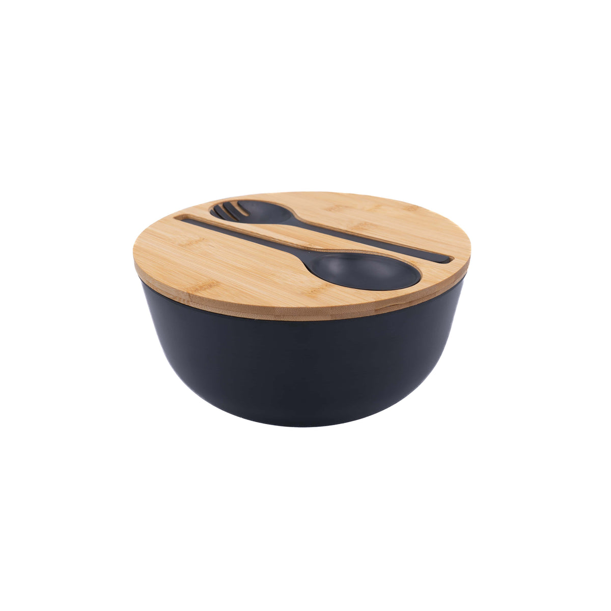 Schwarze Salatschüssel mit schwarzem Besteck und Holzdeckel