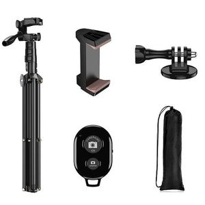 Schwarzes Handystativ und Selfiestick mit dem ganzen Zubehör