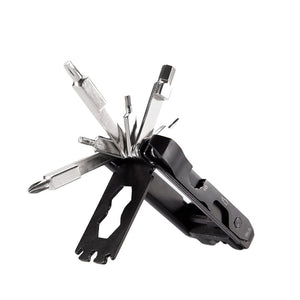 Schwarzes, ausgeklapptes Fahrrad-Kit mit silbernen Werkzeugen