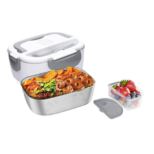 Weisse, elektrische Lunchbox mit grauen Details in einem Anwendungsbeispiel