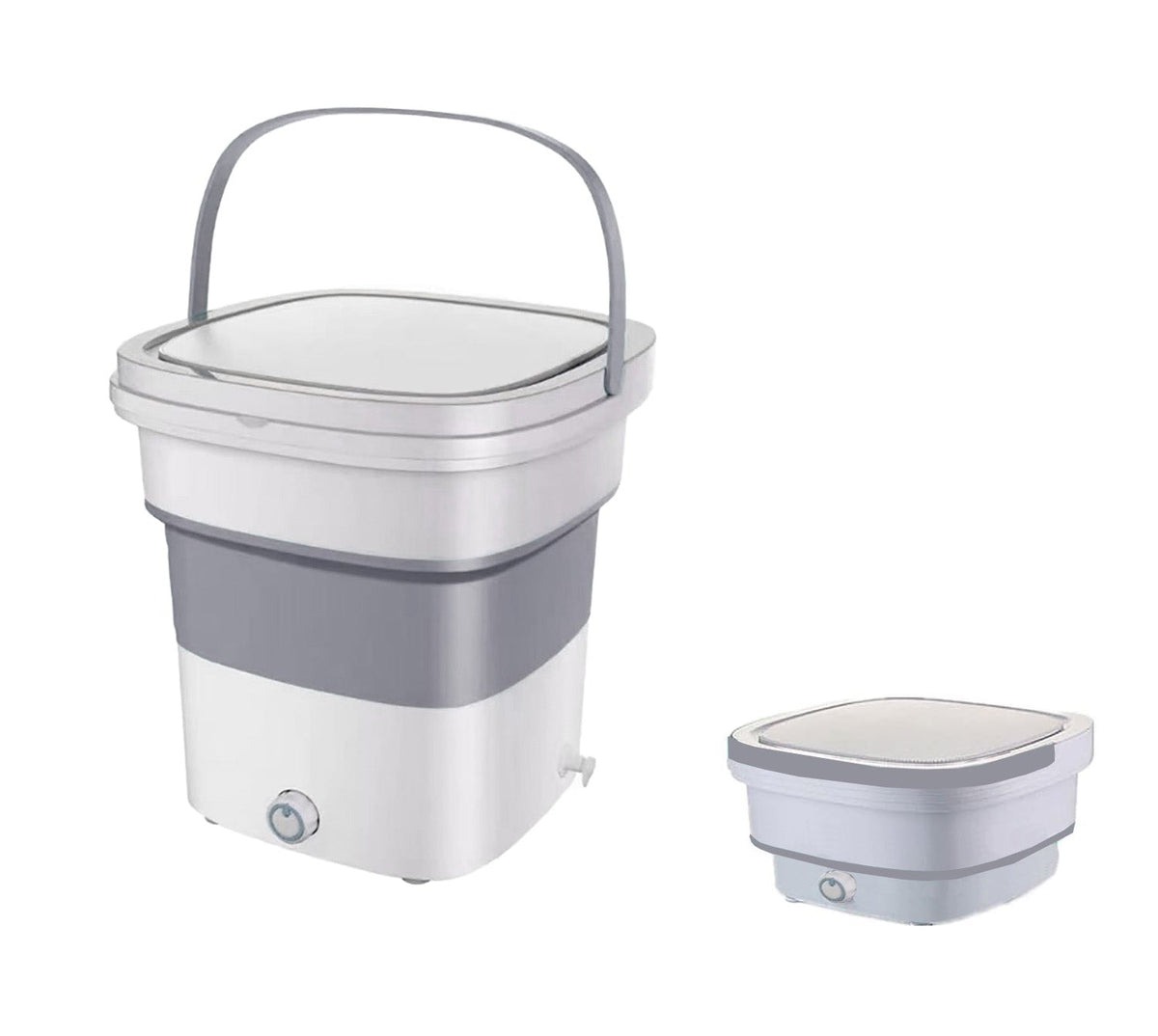 Weiss-garue mini Waschmaschine mit grauem Henkel und dem Wasserbehälter