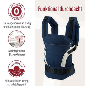 Dunkelblau-weisse Babytrage mit weiteren Produktdetails