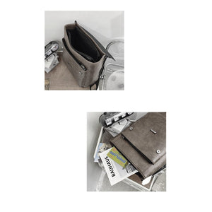 Grauer Lederrucksack mit silbernen Details in Anwendungsbeispielen
