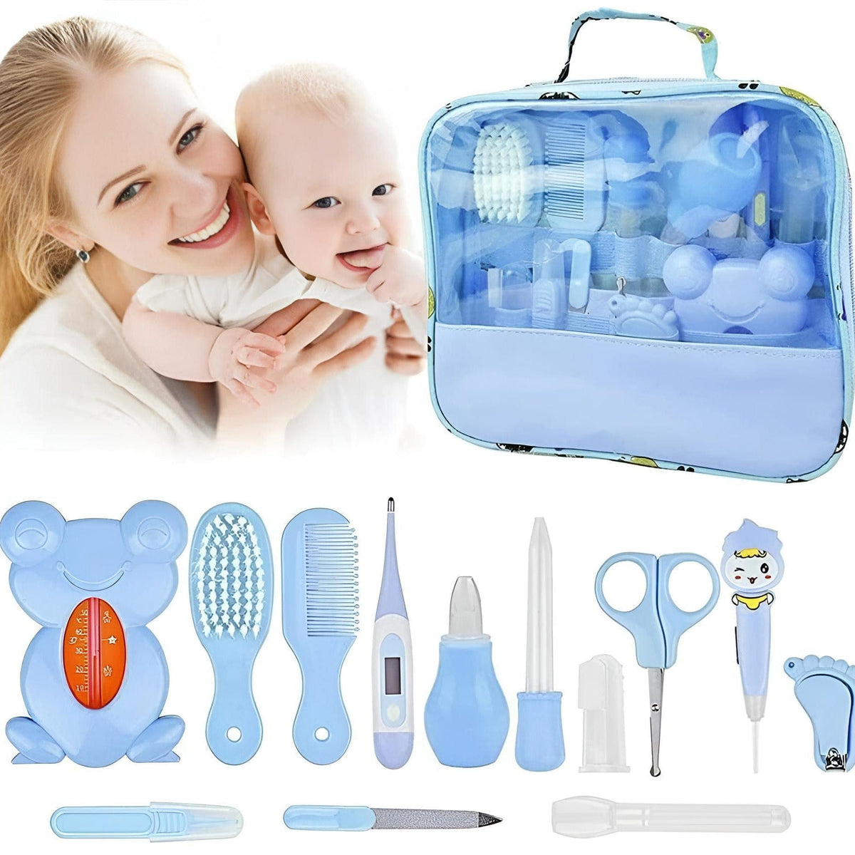 Hellblaues Babypflege-Set mit transparenter Vorderseite und Reissverschluss mit dem Inhalt ausgelegt