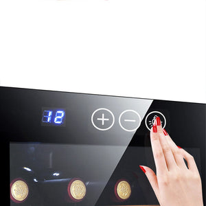 Schwarzer Weinkühlschrank für 20 Flaschen mit transparenter Tür mit Anwendung des integrierten Touchscreens