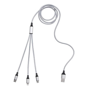 Weisses Ladekabel mit USB-, Lightning- und Micro-USB-AnschlĂĽssen ausgelegt