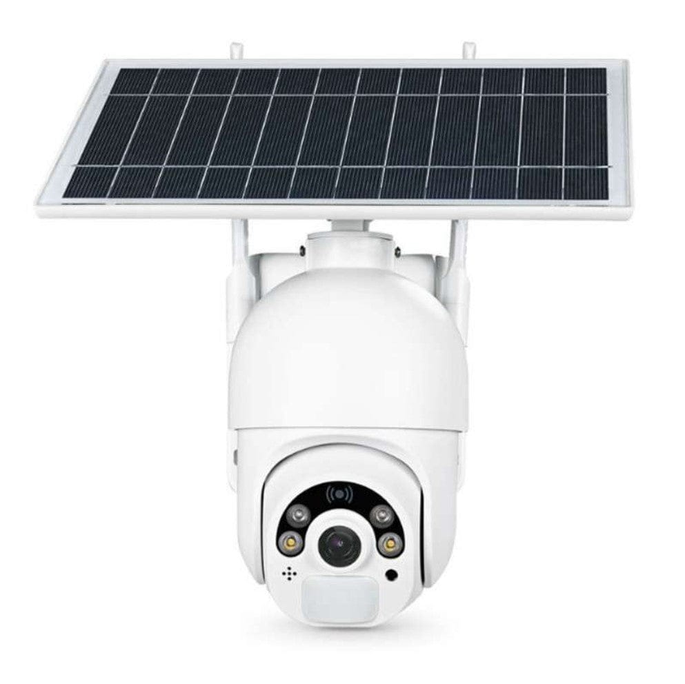 Weisse, solarbetriebene Überwachungskamera von vorne