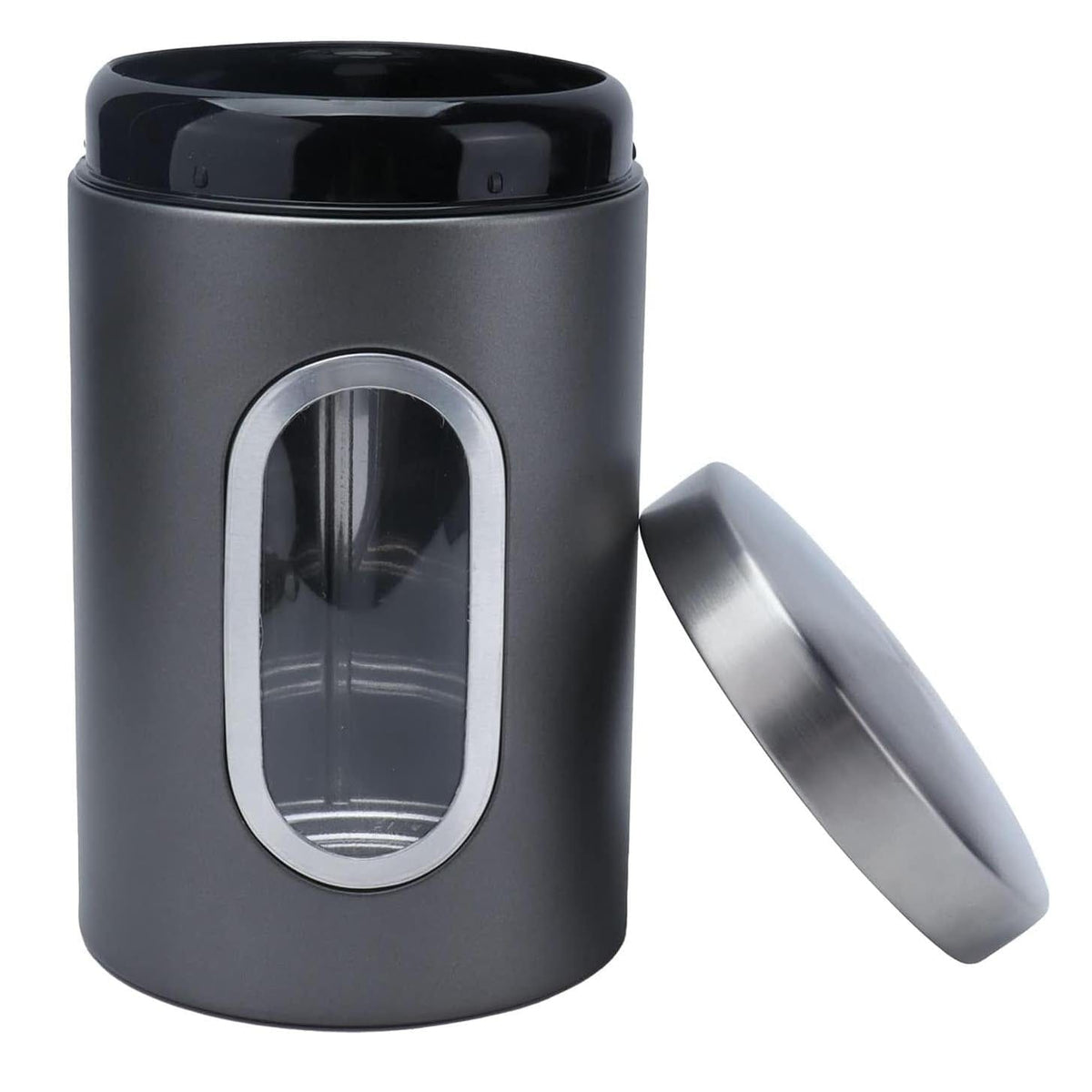 Graue Kaffeedose mit transparenter Vorderseite und silbernem Deckel