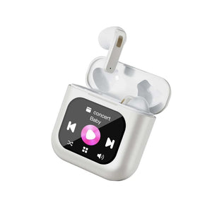 Weisse Bluetooth Kopfhörer mit Display und Beispiel mit Musik