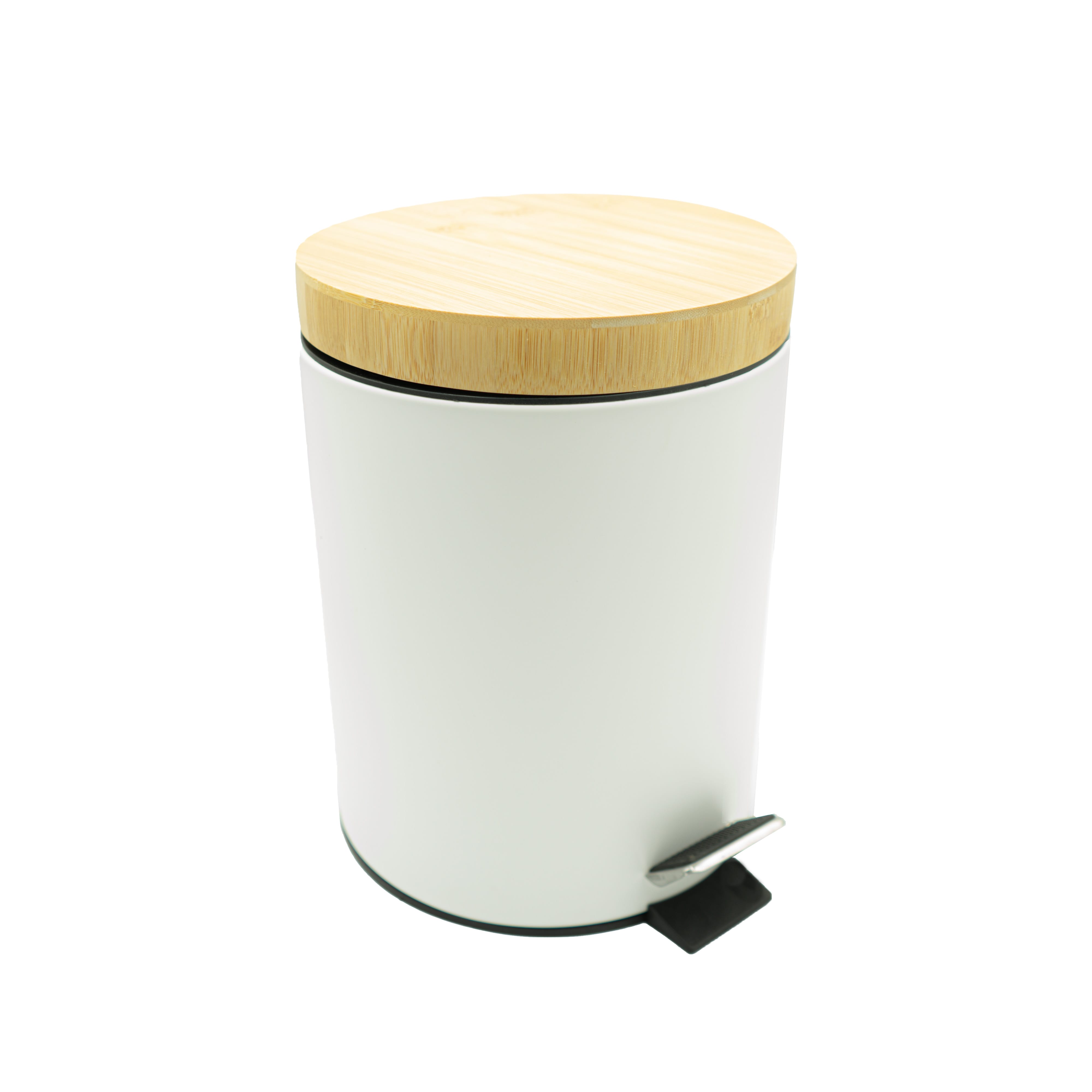 Weisser Mülleimer mit Holzdeckel und schwarzem Fusspedal
