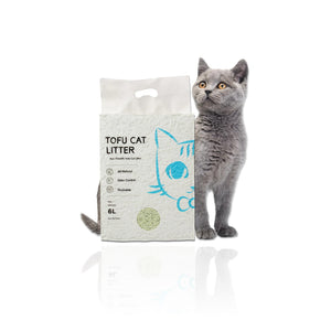 Tofu Katzenstreu-Sack mit grauer Katze im Hintergrund