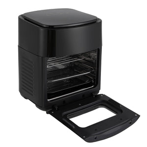Schwarzer, aufgeklappter Airfryer mit Sichtfenster
