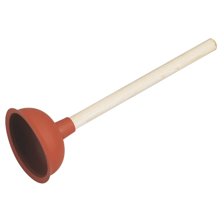 Roter Pömpel mit Holzgriff