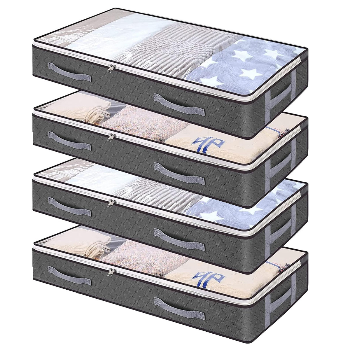 Vierer-Set Aufbewahrungstaschen mit transparenter Oberseite und verschiedenen Anwendungsbeispielen mit Decken, Kleidung, Kissen