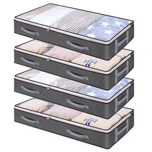 Vierer-Set Aufbewahrungstaschen mit transparenter Oberseite und verschiedenen Anwendungsbeispielen mit Decken, Kleidung, Kissen