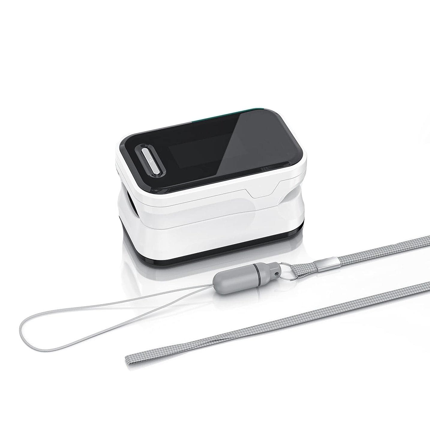 Weisser Pulsmesser mit digital Bildschirm mit grauem Befestigungsband