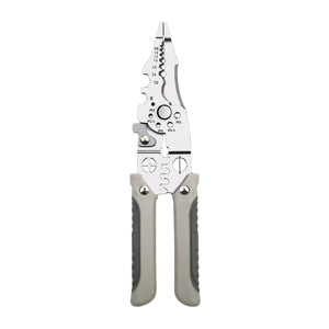 Silberne Crimp- und Abisolierzange mit garuen Gummi Griffen von vorne