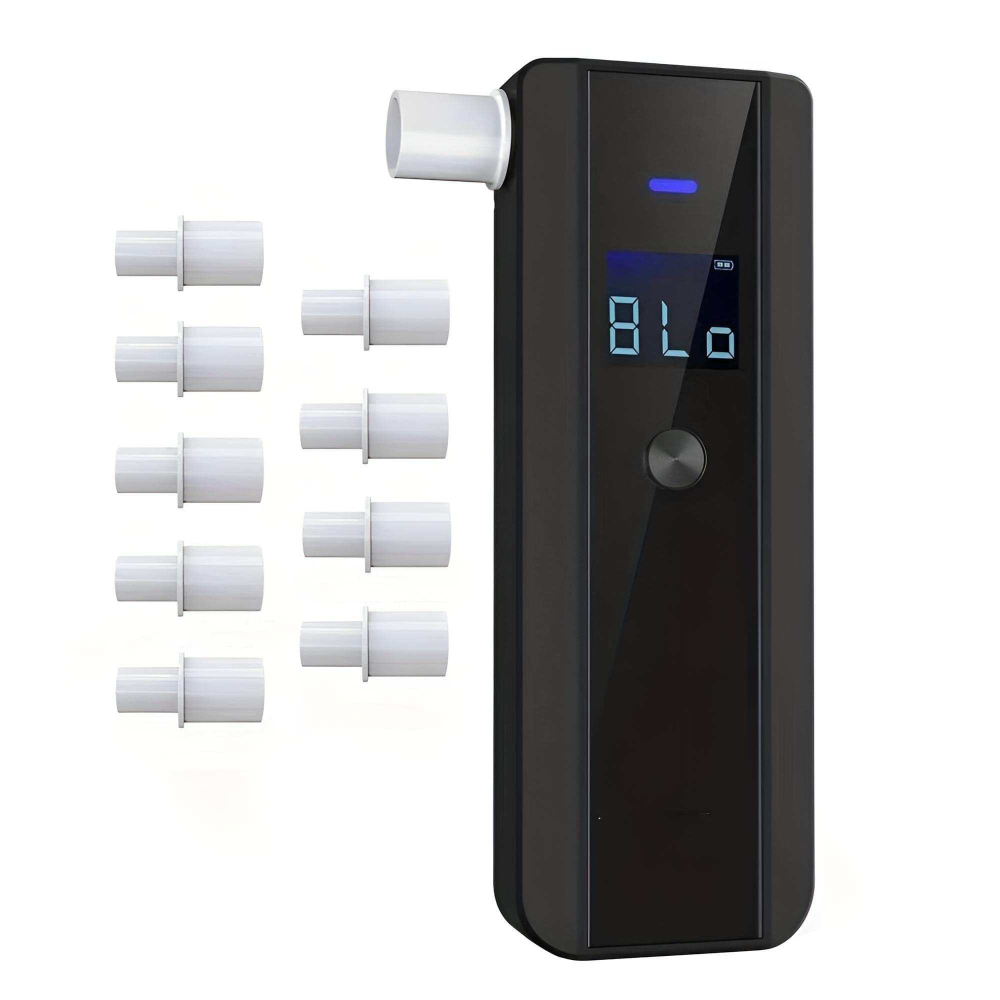 Schwarzer Alkoholtester mit neun weissen Mundstücken und digital Anzeige